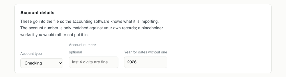 Step 3 of the CSV to QFX converter: match the account type to the quicken account